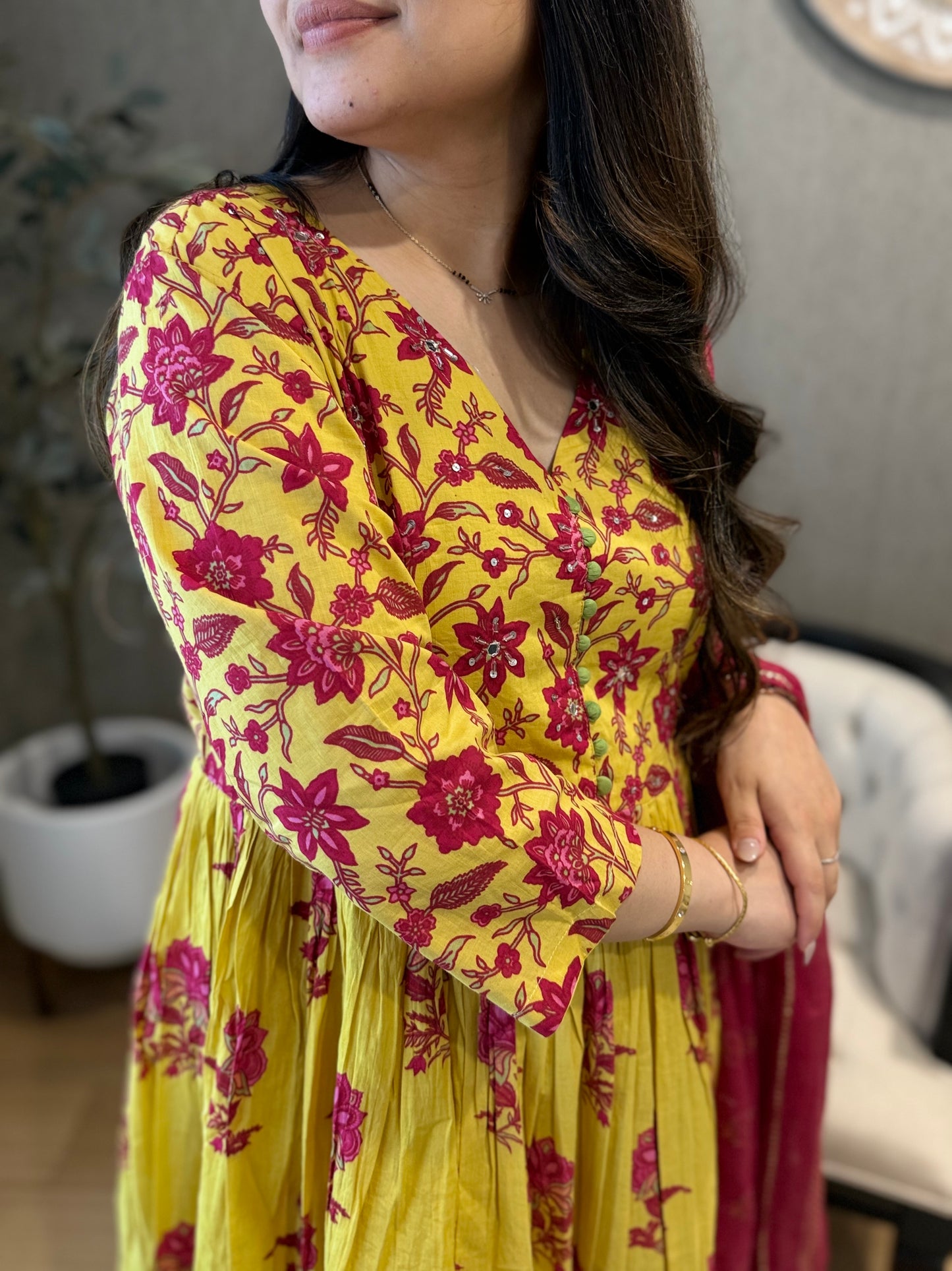 Yellow Cotton Printed Anarkali