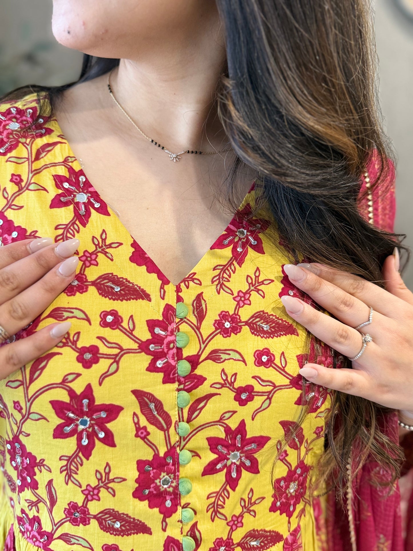 Yellow Cotton Printed Anarkali