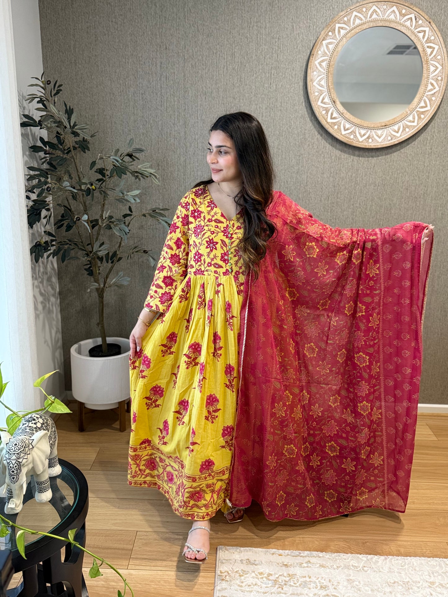 Yellow Cotton Printed Anarkali