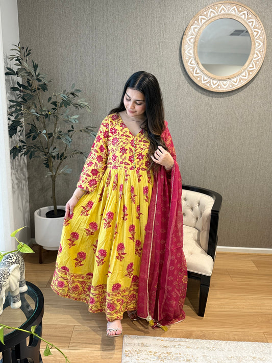Yellow Cotton Printed Anarkali